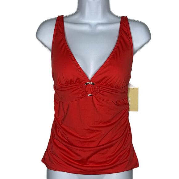 Michael Kors Women’s Ruched Tankini Top Gold Ring Sea Coral – Size Small New
